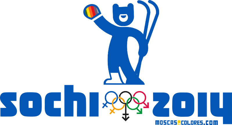 Claiming logo for the Sochi 2014 Olympic Winter Games characterized by their homophobia. A skier bear with the colors of the rainbow in his hand.