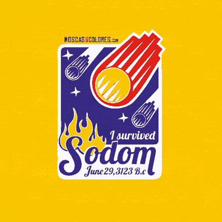 I Survived Sodom. The illustration we have created about the history of Sodom. With humor and against homophobic bible and church. Illustration in flat colors, yellow, blue, red and white, with the text I Survived Sodom.