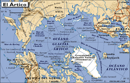 Map of the Arctic Ocean. Inuit home. Asia, North America, Greenland, and Europe. Light color on blue background.