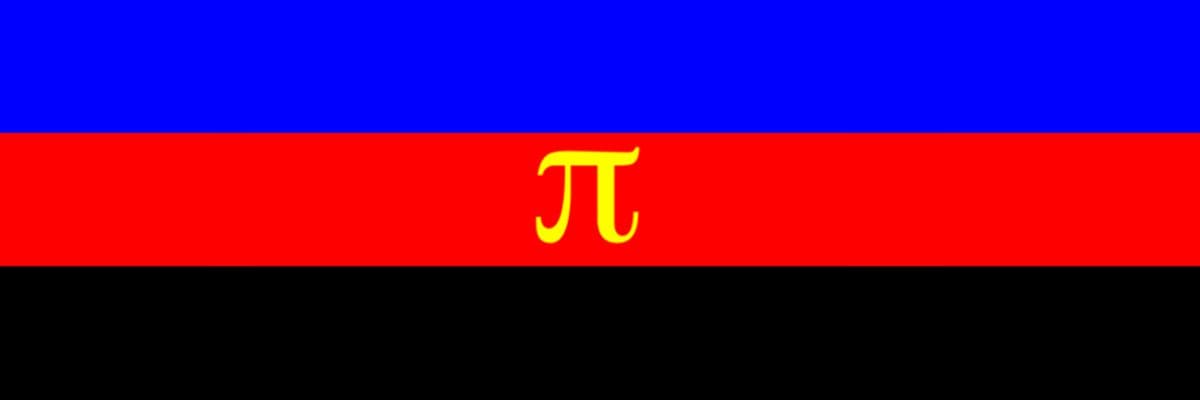 Image of the Polyamory flag, composed of three stripes, from top to bottom, blue, red and black. In the central strip it places the letter pi in yellow.