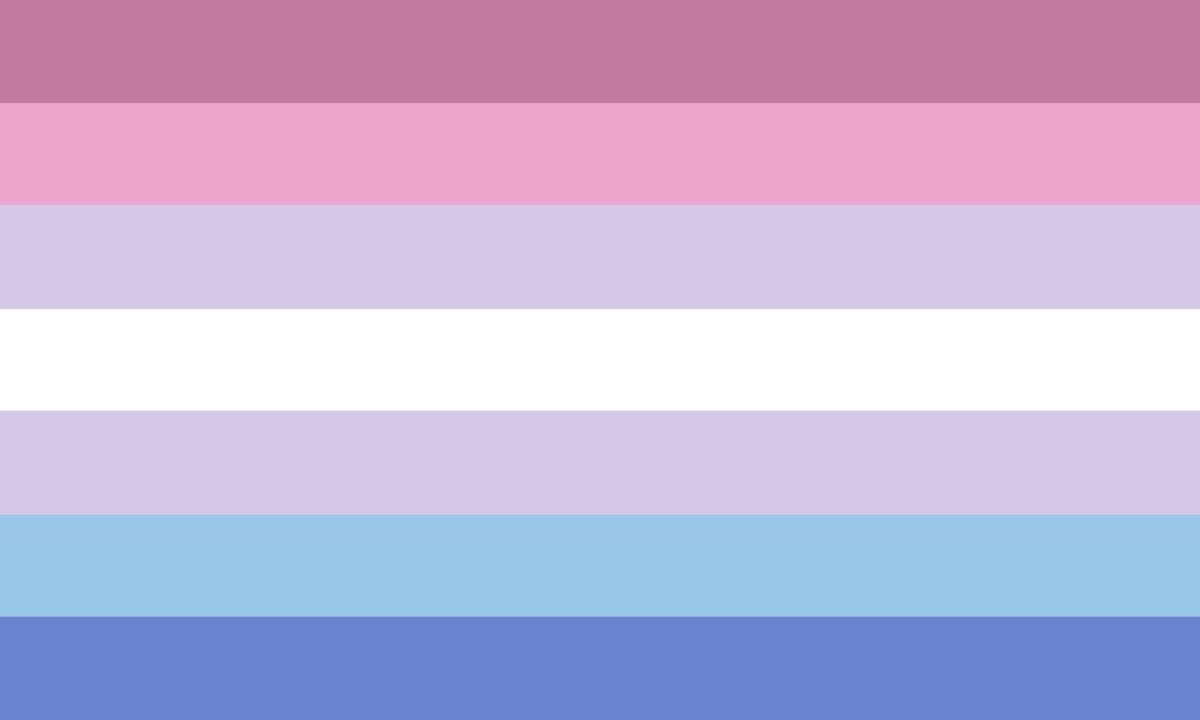 Image of the bigender flag, composed of 7 stripes, centered by a white, with shades of pink above and blue below.